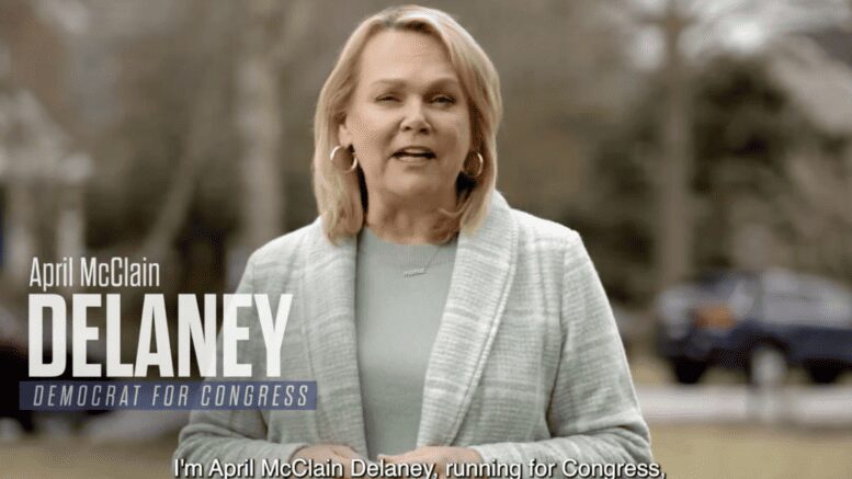 This image is a screenshot from April McClain Delaney's first television ad spot released on Tuesday, March 5, 2024.